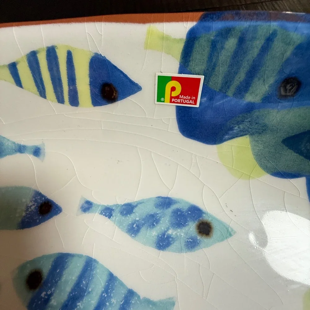 Pier 1 Terracotta Platter Decorative 19in Blue Fish Portugal Coastal Home Decor